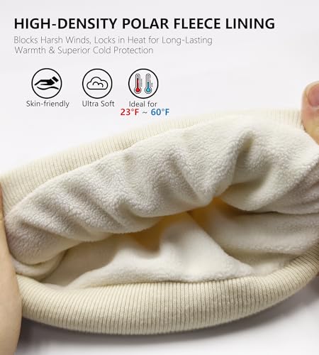 Fleece Lined Beanie for Men Women Knit Thick Warm Winter Beanies Hat - color: Beige White