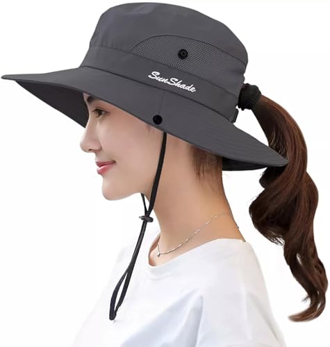 Sun Hat for Women Summer UV Protection Beach Hat with Ponytail Hole - color: Grey(with Ponytail Hole)