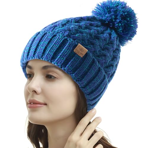 PAGE ONE Womens Winter Ribbed Beanie Crossed Cap Chunky Cable Knit Pompom Soft Warm Hat - color: Dark Blue