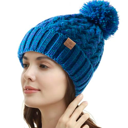 PAGE ONE Womens Winter Ribbed Beanie Crossed Cap Chunky Cable Knit Pompom Soft Warm Hat - color: Dark Blue