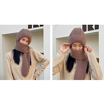 Winter Warm Elastic Soft Ear Protection Knitted Scarf Hat Fleece Lined Beanie Hat - color: H01-khaki
