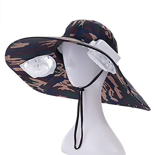 Mens Sun Hat with 2 Fan, Summer Cooling Wide Brim Bucket Hat, Beach Hat Garden Hat, Solar + USB Dual Power Supply - color: Brown
