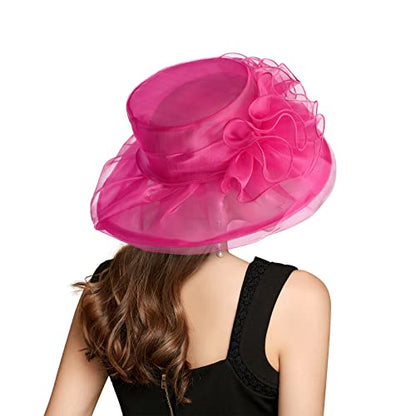 2026 Derby Hats for Women Ladies, Classy Organza Sun Hat, Church Tea Party Wedding Kentucky Fascinator Hat - color: 2a-4541-rose Red