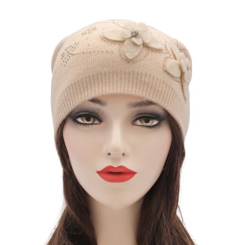 ZLYC Women Floral Slouchy Beanie Hat Double Layer Winter Knit Skull Cap - color: Dual Flowers Beige