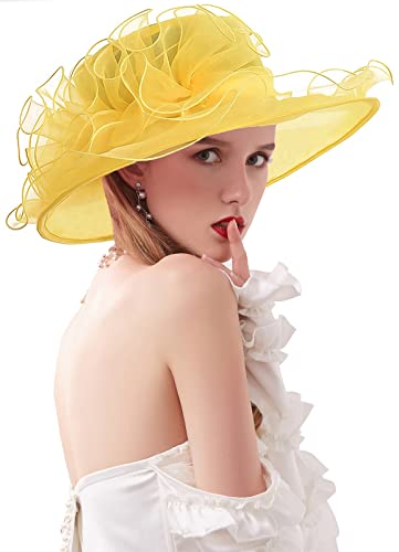 Women's Kentucky Derby Church Dress Hat Wide Brim Leaf Flower Bridal Shower Hat - color: G7 Yellow