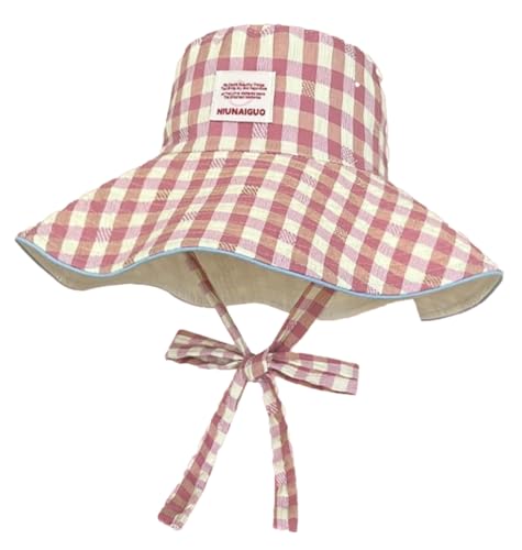 Sun Hats for Women Reversible Plaid Sun Cap Bucket Hat Wide Brim UV Protection Beach Hats 2025 Summer Travel Cap Fishing Hat - color: Pink