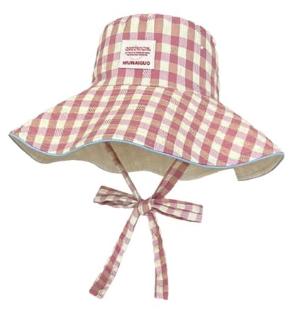 Sun Hats for Women Reversible Plaid Sun Cap Bucket Hat Wide Brim UV Protection Beach Hats 2025 Summer Travel Cap Fishing Hat - color: Pink