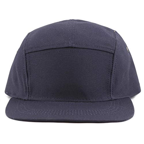 The Hat Depot Made in USA Cotton Twill 5 Panel Flat Brim Genuine Leather Brass Biker Board Cap - color: Navy