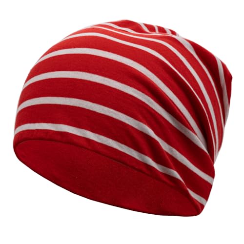 EMPIRELION 9" Women Lightweight Beanies Hats, Thin Sports Running Skull Cap Chemo Headwear Sleep Caps - color: Red Wihter Stripe