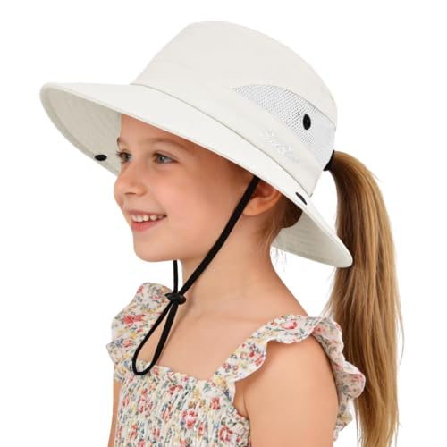 ZOORON Kids Girls Ponytail Sun Hat UPF 50+ Breathable Mesh Water-Resistant - color: Solid Beige