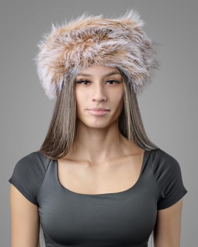 DLNYC Women’s Faux Leather Winter Hat with Faux Fur Trim, Soft Lined Cap with Hanging Cords & Pom-Poms, Warm Stylish Hat - color: Camel & Crystal