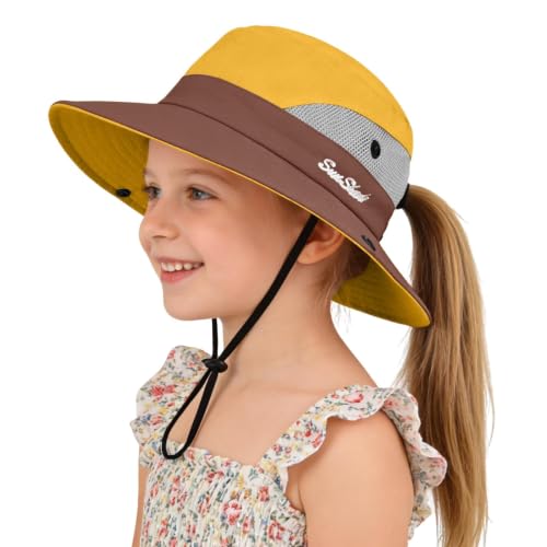 ZOORON Kids Girls Ponytail Sun Hat UPF 50+ Breathable Mesh Water-Resistant - color: Two-tone Yellow