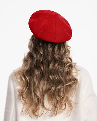 Women's Knitted Beret, French Style Double Layer Winter Autumn Warm and Soft Beanie Hat Cap - color: Red