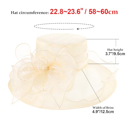 AQOKKA Women Organza Church Fascinators Kentucky Derby Hats for Women and Girls Wedding Flower Tea Party Hat with Wide Brim - color: Beige