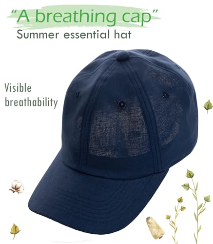 Linen Cotton Baseball Cap, Summer Breathable Dad Hat Men Women - color: Navy