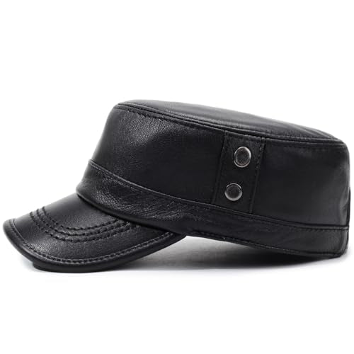 Men's Genuine Leather Cadet Army Caps Military Style Hat Flat Top Cap - color: Black