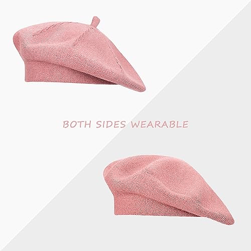 Gllutt Beret Hat French Style Stretchy Knitting Solid Color Both Side Usable - color: Dark Pink