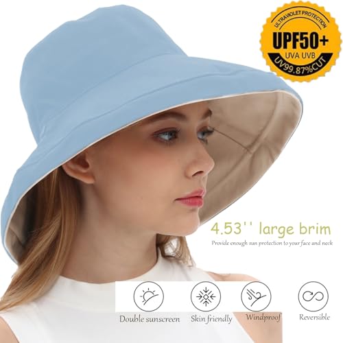vidsel Womens Sun Hats Wide Brim Reversible Bucket Cotton Hat with Hat Clip - color: Medium-beige+blue, size: Medium
