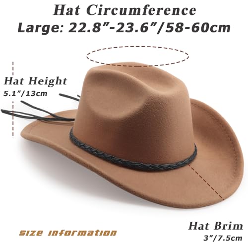 DRESHOW Western Cowboy Hat for Men Women Cowboy Cowgirl Hat Outdoor Wide Brim Retro Felt Fedora Hats Unisex Rolled up Caps - color: 1 Pack Style 8: Khaki