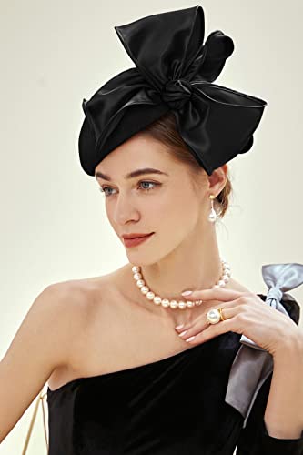 BABEYOND Fascinators Hats for Women Linen Satin Pillbox Bow Derby Tea Hat - color: Black