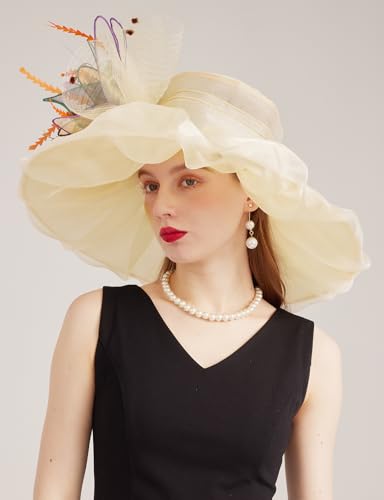 Women Derby Fascinator Hat Organza Church Wedding Hats Wide Brim Cocktail Tea Party Hat - color: 37apricot