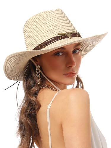 Straw Cowboy Sun Hat Western Cowgirl Women Men with Windproof Chin Strap - color: Beige