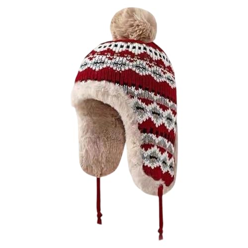 haozaikeji Women Winter Trapper Hat Faux Fur Knit Beanie Hat Thermal Earflap Outdoor Cap Pompom Hats Ushanka Hats - color: Red
