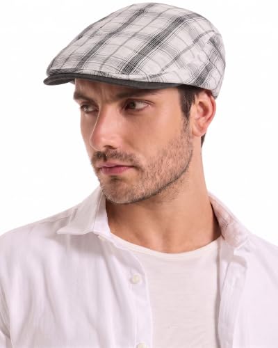 ZLYC Men Summer Flat Cap Scally Ivy Gatsby Newsboy Beret Driver Hat - color: Plaid White