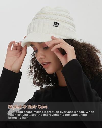 Hat Hut Beanie Hats for Women Men Satin Lined Winter Hats for Women Slouchy Beanies Satin Lined Beanie with Brim Visor - color: White