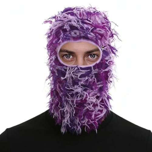 Distressed Ski Mask Balaclava, Yeat Shiesty Knitted Full-Face Mask - color: Camopurple