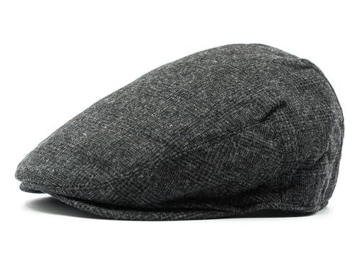 Men's Classic Patchwork Herringbone Checker Plaid Newsboy Ivy Hat Flat Cap - color: Black Plaid, size: Large-X-Large