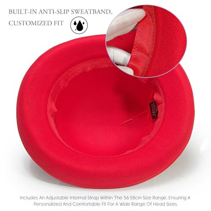 Classic Fedora Hat with Feather, Dome Hard Bowler Cap - color: Red