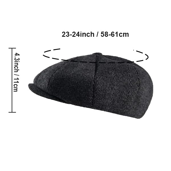 2 Pack Newsboy Cap Peaky Herringbone Baker Boy Flat Caps for Men Women (Black and Gery)