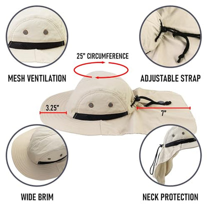 Falari Outdoor Sun Hat, Wide Brim with Neck Flap, Safari Hiking Gardening Fishing Hat - color: Khaki