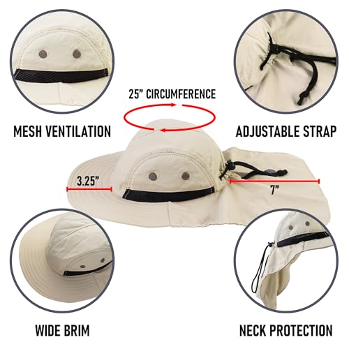 Falari Outdoor Sun Hat, Wide Brim with Neck Flap, Safari Hiking Gardening Fishing Hat - color: Khaki