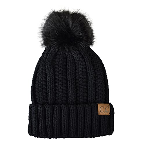 C.C Thick Cable Knit Faux Fuzzy Fur Pom Fleece Lined Skull Cap Cuff Beanie - color: Chenille Black Pom