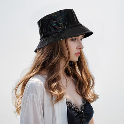 MILAKOO Rave Hologram Metallic Bucket Hat Reversible Cap Reflective Waterproof Rain Fisherman Hat - color: A: Black