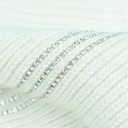 Women's Knitted Angora Wool Hat for Autumn and Winter Warm and Stylish with Rolled Brim and Slanted Rhinestones Cap - color: A-white