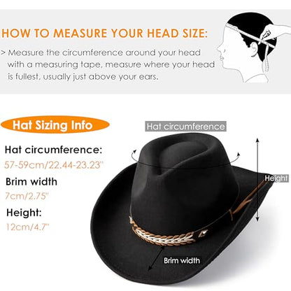 Western Cowboy Hat Felt Wide Brim Women Men Cowgirl Hats - color: Black