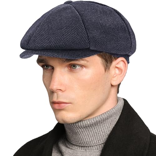 Mens Newsboy Cap High Woolen Tweed Gatsby Hat Ivy Cabbie Flat Golf Cap for Fathers Women Unisex - color: Herringbone Grey 1, size: 7-7 1/8