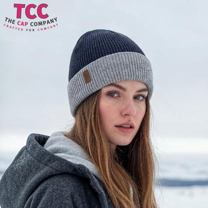 Beanie Fleece Lined Soft for Men Women | Winter Hats Warm Double Layered Stylish Knited Cuffed Plain Beanie Skull Cap | - color: A12- Blue/Grey