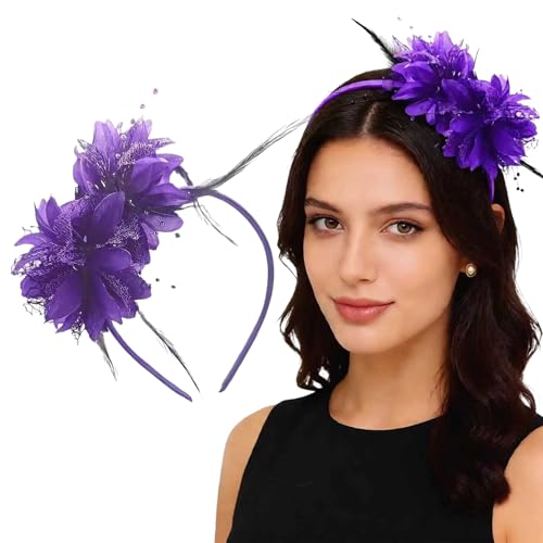 Fascinators for Women Ribbon Feather Tea Party Headwear - color: Purple