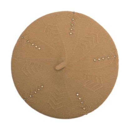 ZLYC Women French Beret Hat Reversible Solid Color Knit Warm Artist Cap - color: Rhinestones Camel