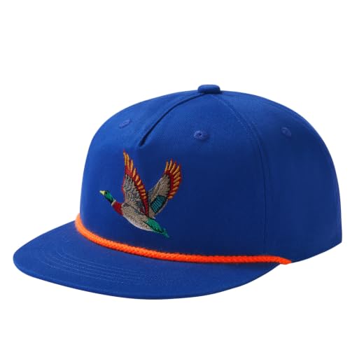 BASSDASH Embroidered Soft Top Flat Brim Duck Hat Snapback Cap for Hunting, Fishing, and Outdoor Activities - color: Royal Blue/Mallard
