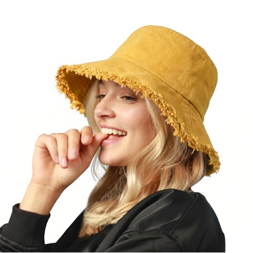 CHOK.LIDS Frayed Bucket Hat Washed Cotton Floppy Wide Brim Boonie Cap - color: Mustard