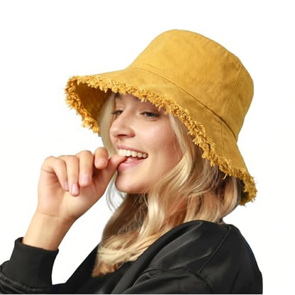 CHOK.LIDS Frayed Bucket Hat Washed Cotton Floppy Wide Brim Boonie Cap - color: Mustard