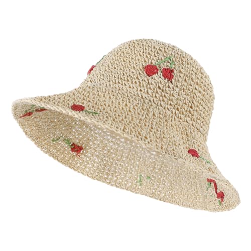 Floral Straw Sun Hat for Women Wide Brim UV Protection Woven Bucket Hat Shapeable Foldable Floppy Summer Beach Sun Cap - color: Beige