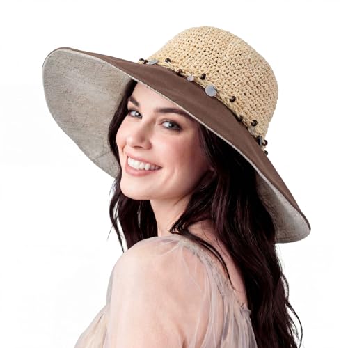 Women’s Packable Sun Hat, Wide Brim Foldable Beach Hat, UPF 50+ UV Protection Travel Summer Hat with Adjustable Fit - color: Khaki