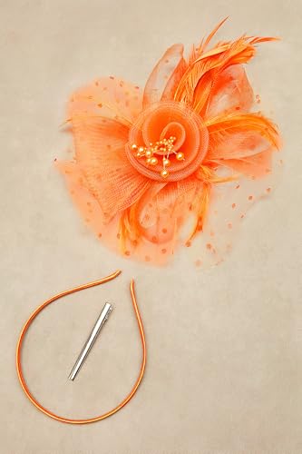 BABEYOND Fascinators Hats for Women Tea Party Flower Tulle Bead Derby Hat - color: Orange