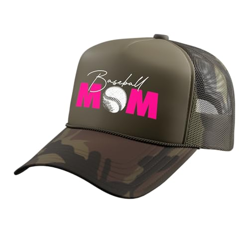 Baseball Mom Trucker Hat with Adjustable Mesh Back - color: Camo Green